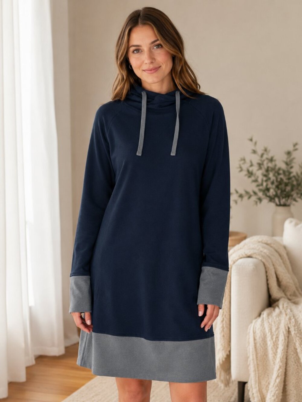 Toad&Co BFT Organic Cotton Hooded Sweatshirt Dress Navy Gray Medium Pockets